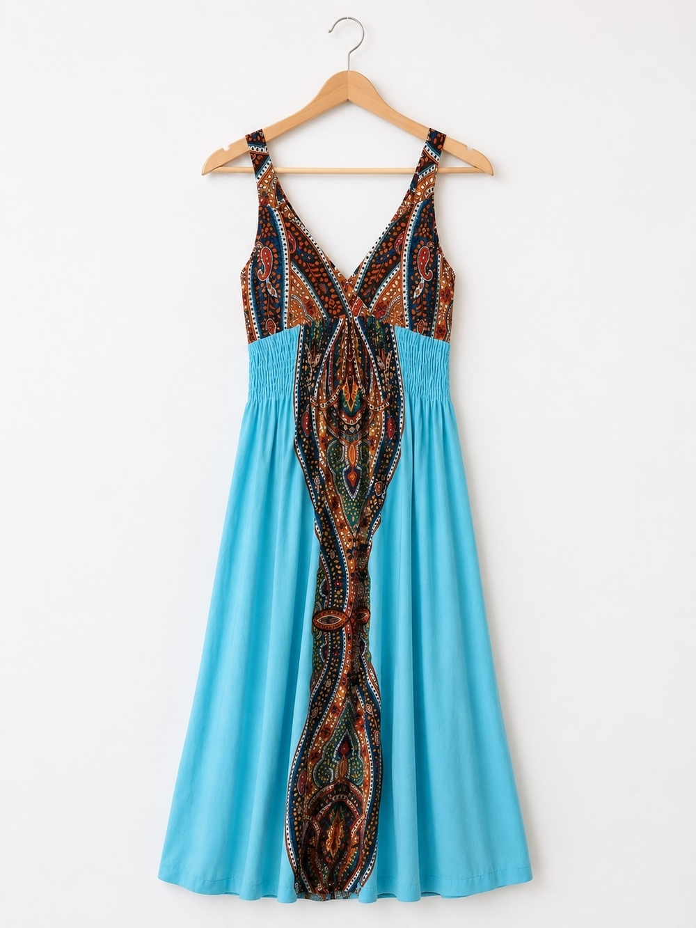 Boho Paisley Maxi Dress Turquoise Blue Sleeveless Empire Waist Resortwear - Picture 3 of 6